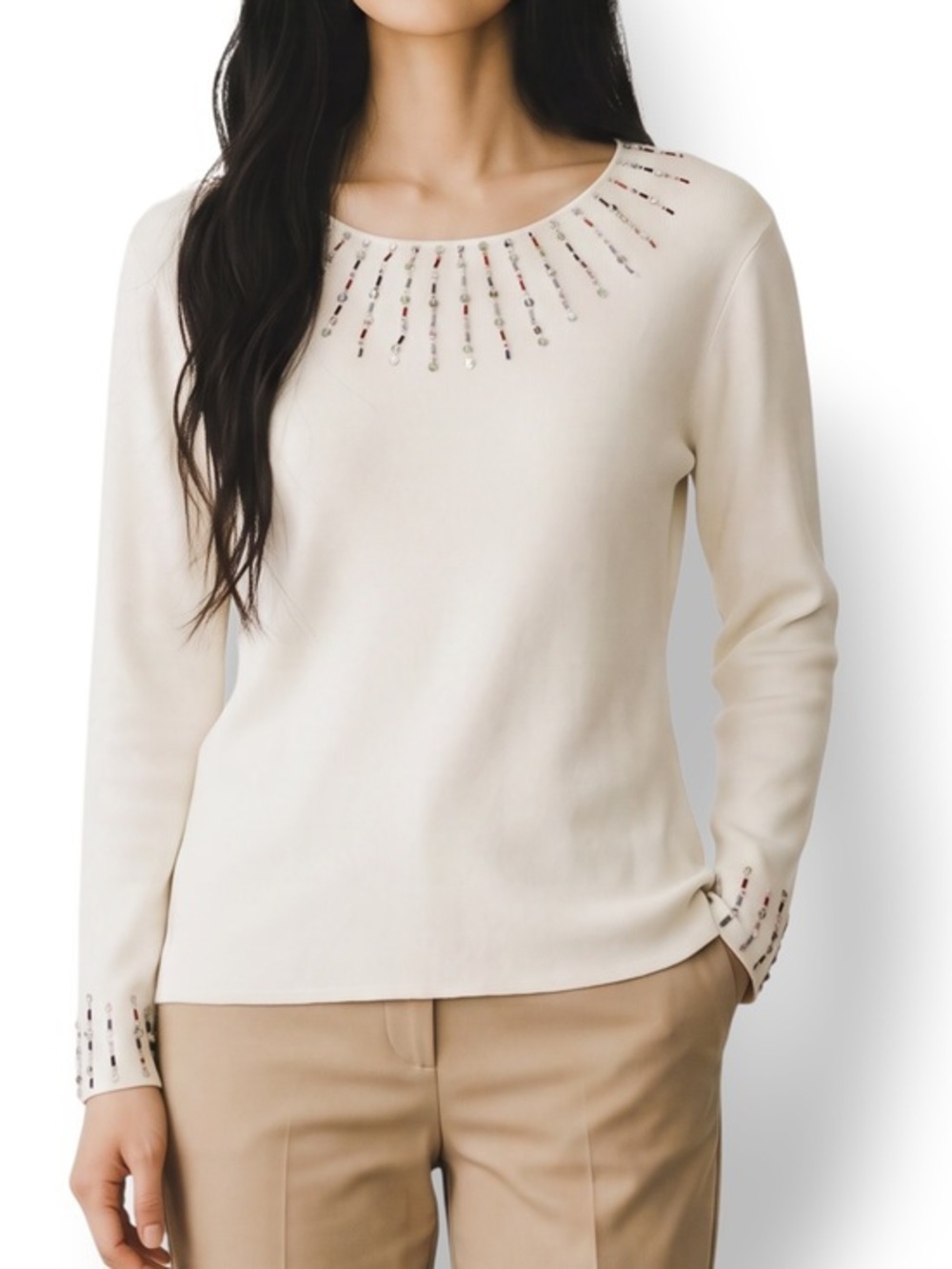 Mon Cre Japan Beaded Ivory Sweater Top Pearl Sequin Trim Size 38 Vintage